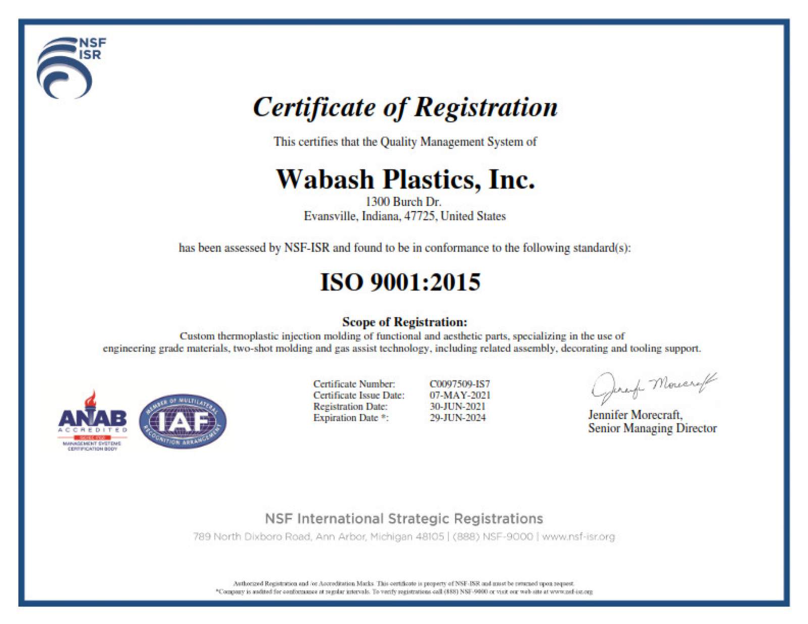 Wabash Plastics is a registered ISO9001:2015 custom injection molder