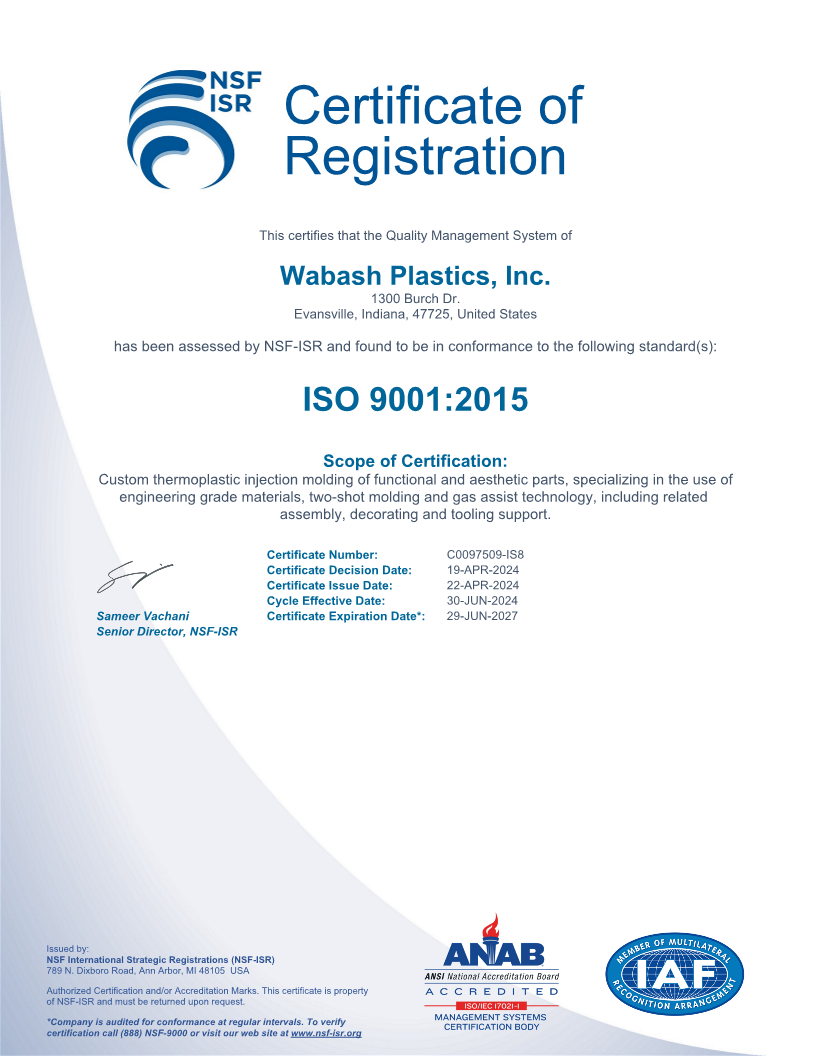 Wabash Plastics is a registered ISO9001:2015 custom injection molder